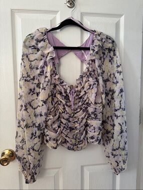 Free People Floral Ruffle Front Women’s Top in Lavender & Yellow
